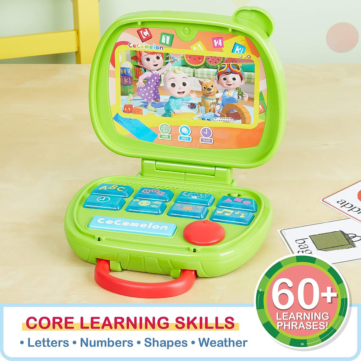 CoComelon Just Play - Juguete para computadora portátil para niños, luces, sonidos y música, fomenta el reconocimiento de letras, números, formas y animales, juguetes para niños con licencia oficial