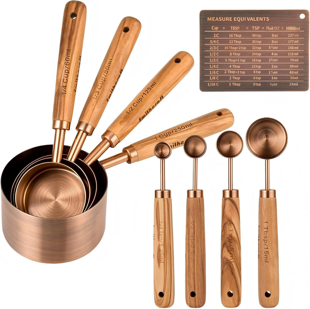 Juego de 8 tazas y cucharas medidoras de cobre con mango de madera de calidad, taza y cuchara medidora de acero inoxidable con equivalentes de medida para cocina y hornear, con 1/4, 1/3, 1