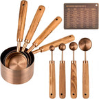 Juego de 8 tazas y cucharas medidoras de cobre con mango de madera de calidad, taza y cuchara medidora de acero inoxidable con equivalentes de medida para cocina y hornear, con 1/4, 1/3, 1