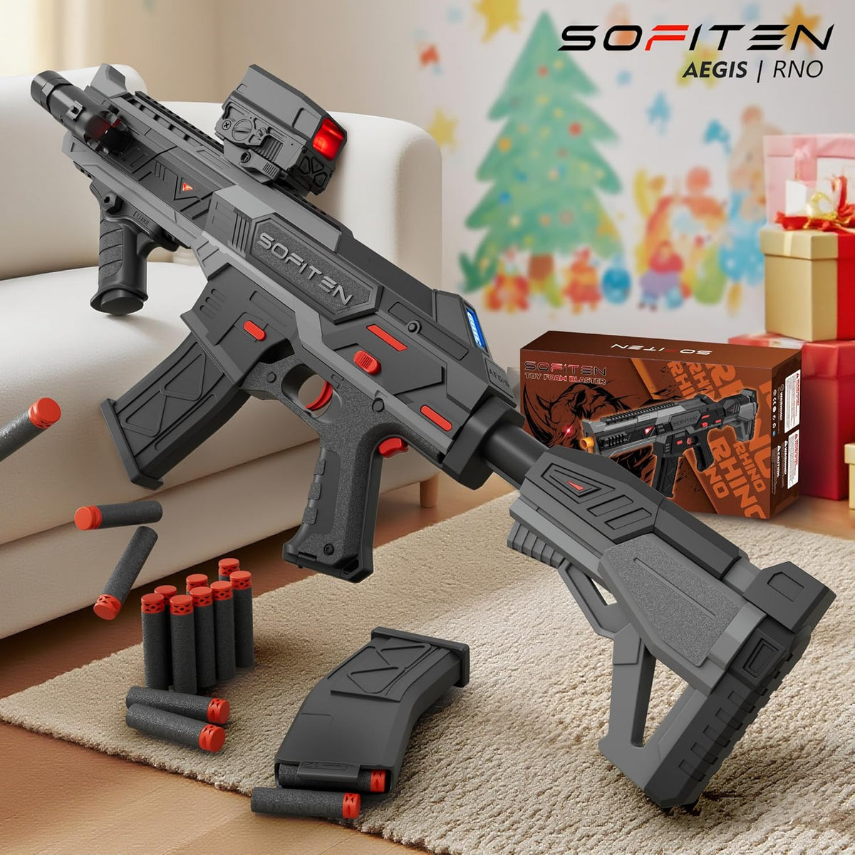 SOFITEN Pistola de juguete eléctrica de espuma con dardos de espuma, rifle de francotirador automático con chaleco táctico, alcance ajustable, dos modos de disparo, regalos de cumpleaños, Navidad, Año Nuevo, para niños, adolescentes y adultos
