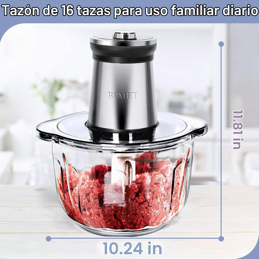 Cuenco de vidrio de 16 tazas 850 W procesador eléctrico de alimentos, temporizador LED. Cuchilla de 6 filos de corte de 3 niveles para picar, picar, ideal como picadora de carne, picadora de verduras frescas, proceso de alimentos para mascotas en la