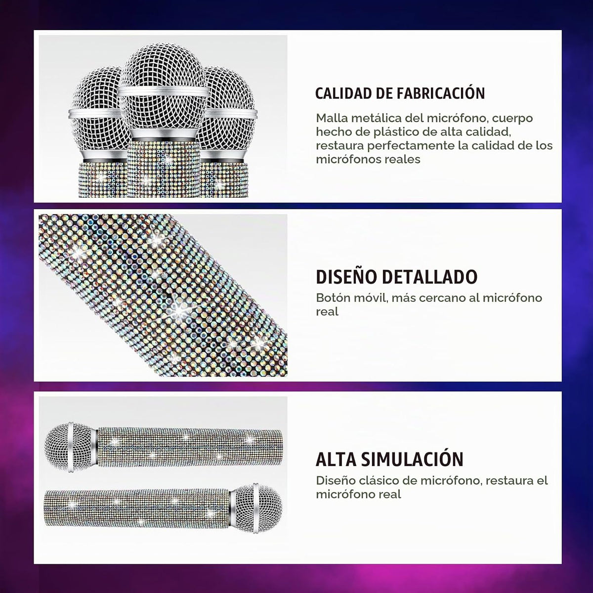 Micrófono falso con diamantes de imitación brillantes, micrófono de juego de plástico con purpurina para disfraz de fiesta de cosplay (color AB)