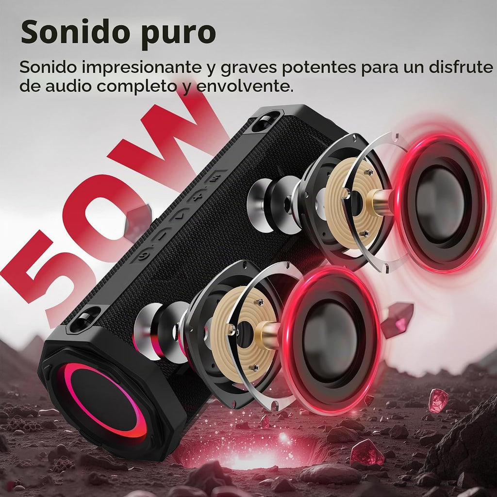 Oraolo Altavoz Bluetooth, sonido estéreo de 50 W para exteriores, altavoz impermeable IPX6, tiempo de reproducción de 28 horas, emparejamiento TWS, micrófono integrado, Bluetooth 5.4