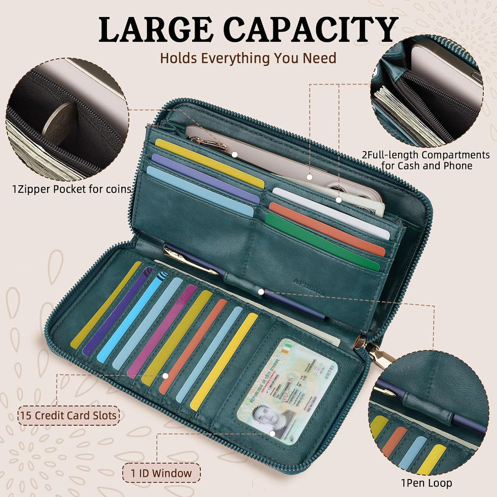 APHISON Billetera para mujer, gran capacidad, monedero, tarjetero, RFID, pulsera, teléfono, cremallera, moneda, bolsillo de viaje