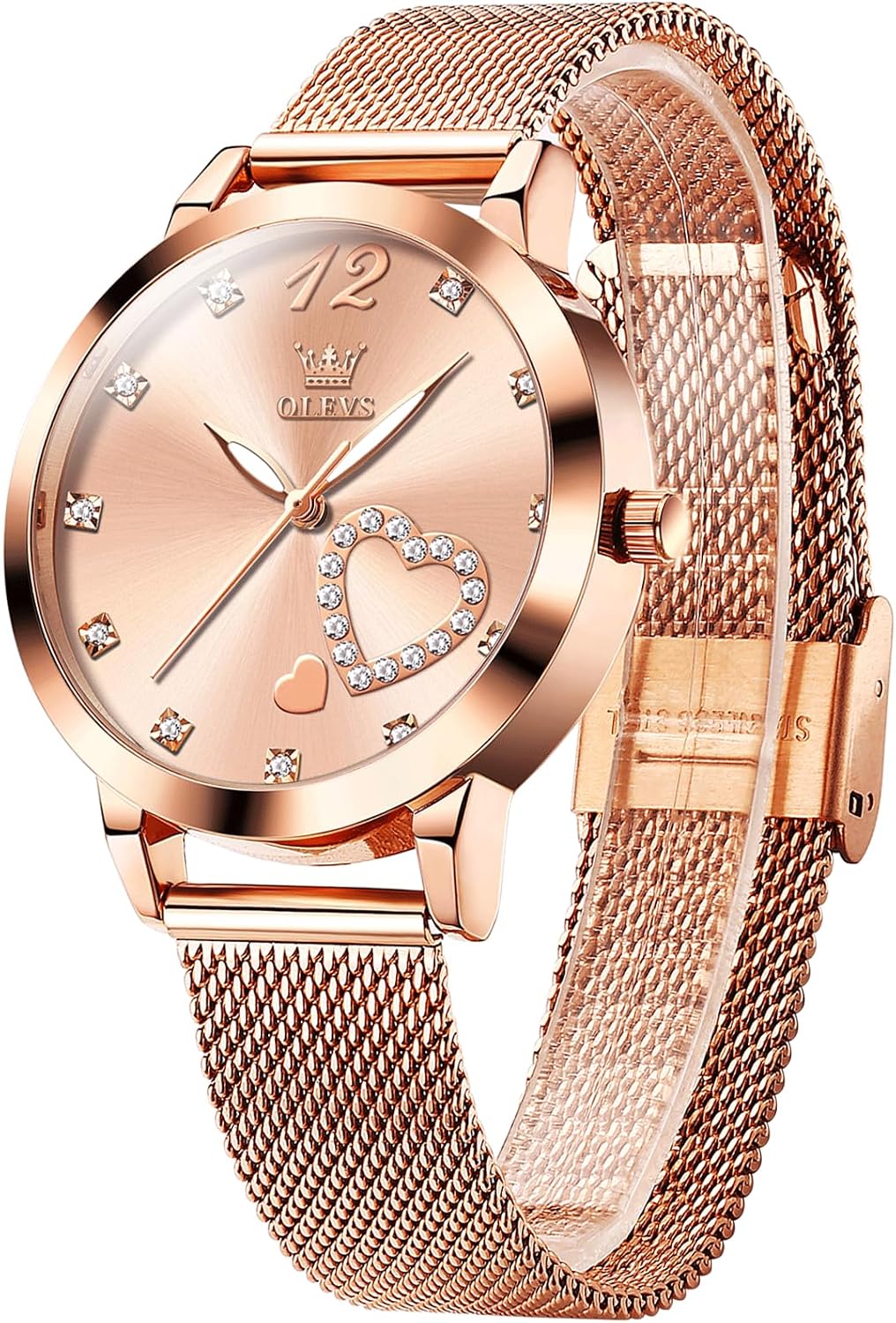 OLEVS Reloj de muñeca pequeño en tono oro rosa para mujer, lindo dial de números arábigos con corazón de diamante, pulsera de malla impermeable a la moda, vestido analógico para mujer