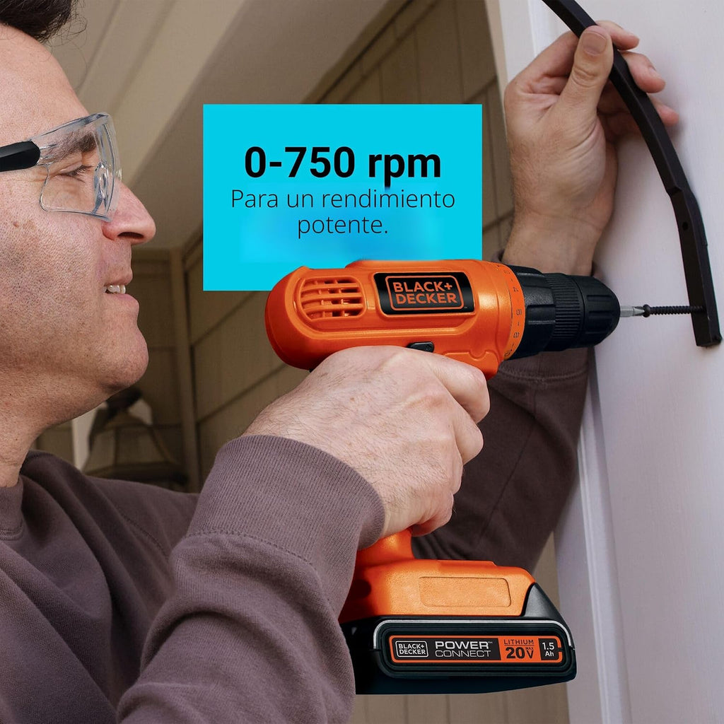 BLACK+DECKER 20V MAX POWERCONNECT - Taladro eléctrico inalámbrico con juego de brocas de 30 piezas y kit de controladores, batería y cargador incluidos (LD120VA)