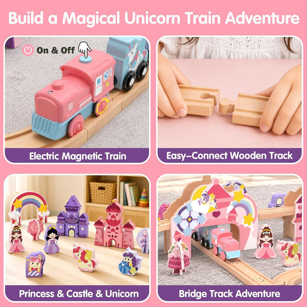 Juego de tren de madera de unicornio de lujo de 105 piezas para niñas con