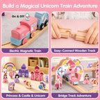 Juego de tren de madera de unicornio de lujo de 105 piezas para niñas con