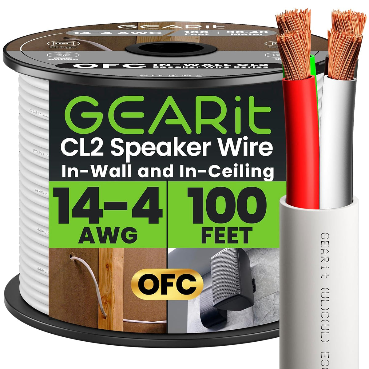 GEARit Cable de altavoz de calibre 14 14/4 AWG 100 pies OFC en pared CL2