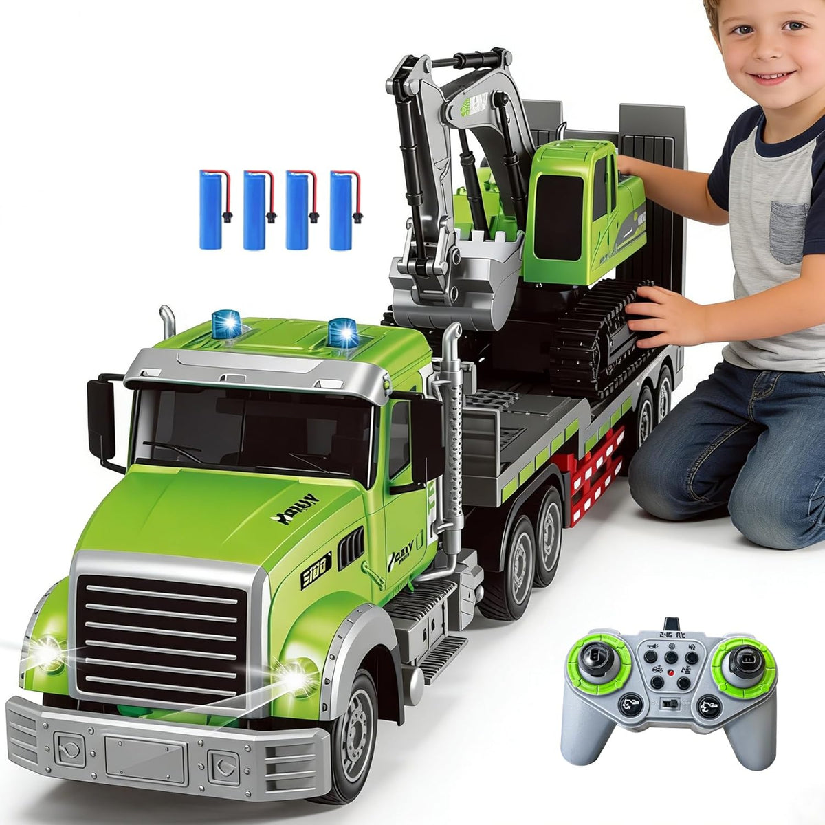 Juego de juguete de 11 canales RC semi camión y excavadora RC, camión plano de control remoto 1:12 con remolque, vehículo de ingeniería con sonido y luces, juguetes de excavadora de cubo de aleación, gran regalo para niños