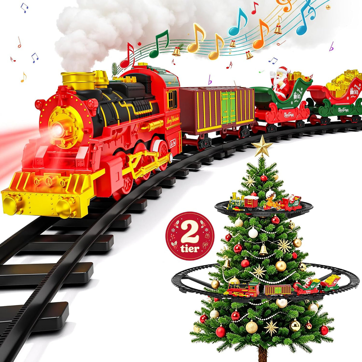 Juego de tren colgante para árbol de Navidad, tren de juguete de 2 niveles