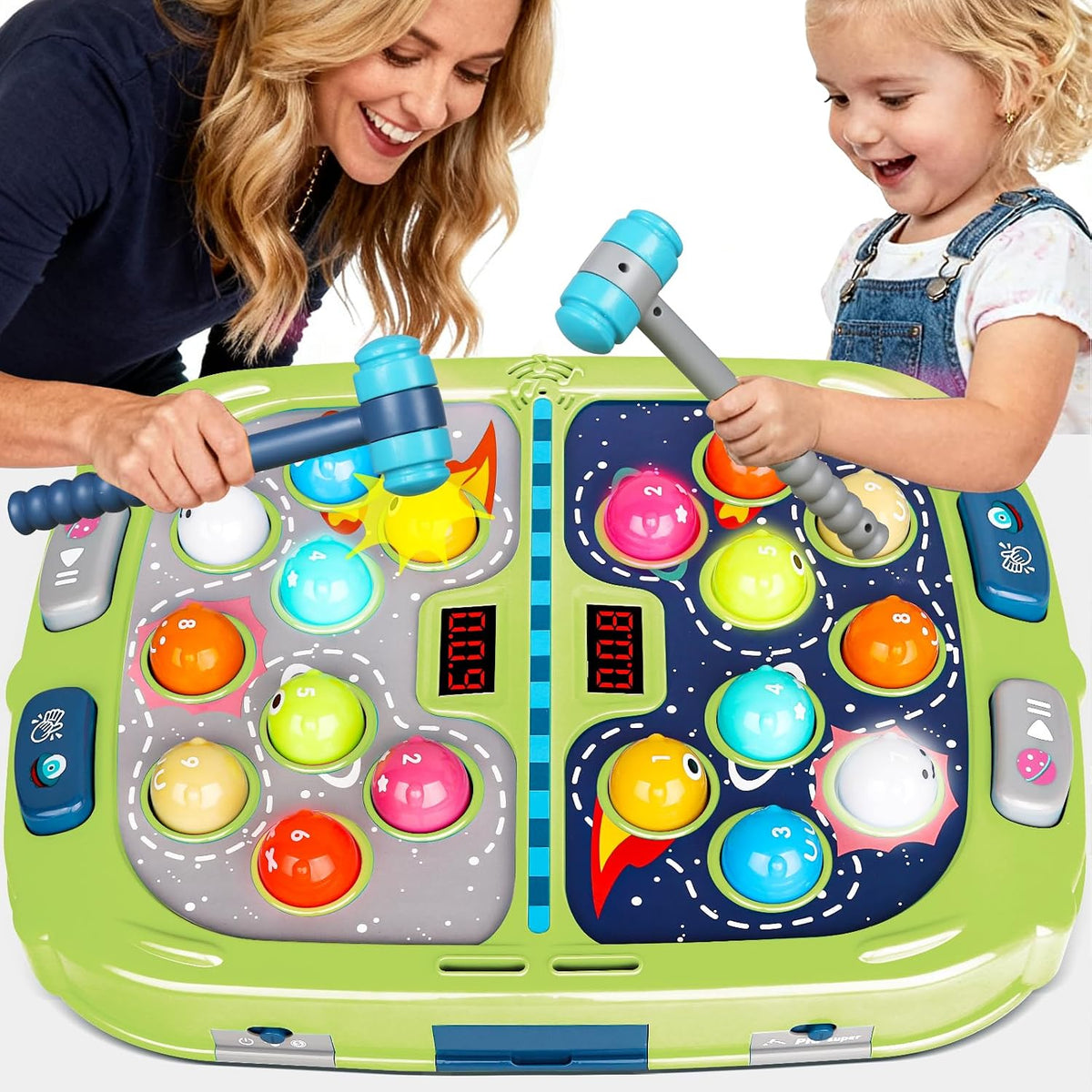 Juego de Golpear 2 Jugadores - Juguete para 3-12 Años, 2 Martillos, 3 Modos con Sonido y Luz, Juguete Educativo Seguro, Regalo de Navidad o Cumpleaños para Niños y Niñas 3 4 5 6+ Años, Verde