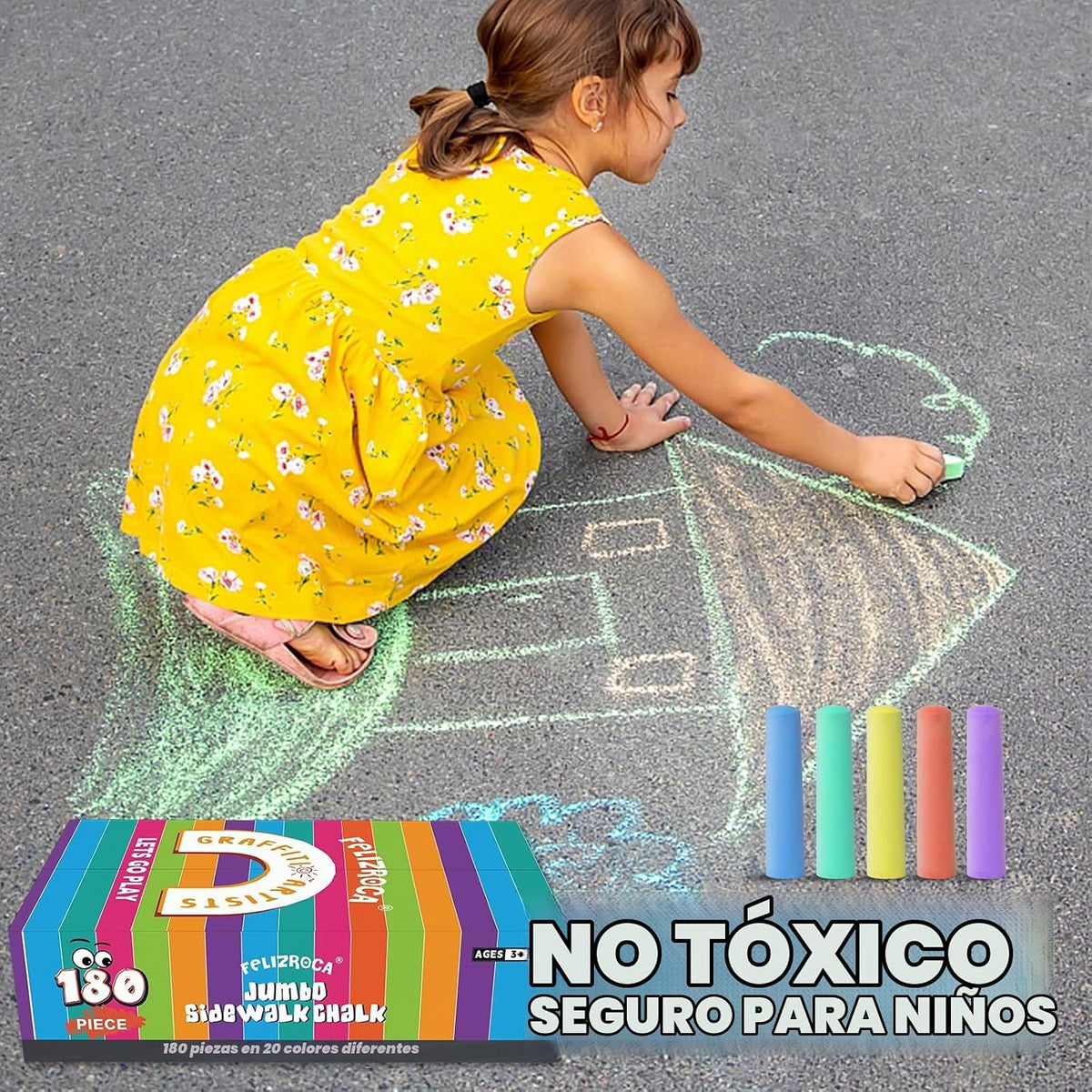 Juego de 180 tizas para acera en 20 colores, no tóxicas, lavables, tizas jumbo para exteriores para niños, tiza para pavimento