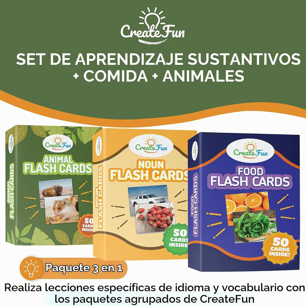 Juego de 150 tarjetas flash sustantivos de comida y animales para