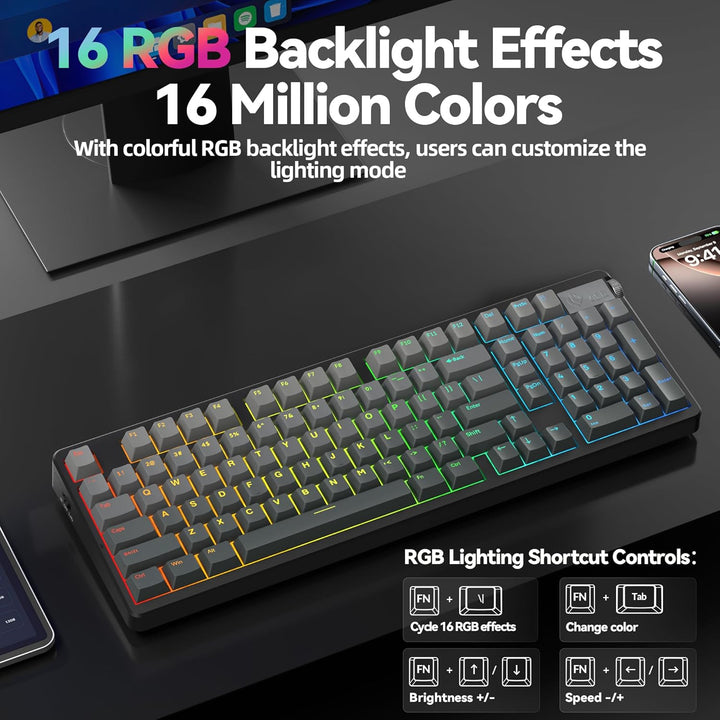 LEOBOG Teclado mecánico inalámbrico A98, Tri-Mode BT5.0\/2.4GHz\/US...