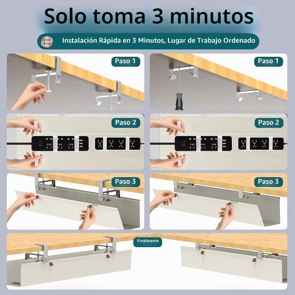 Bandeja extra grande de gestión de cables de 48" para debajo del escritorio, abrazadera sin taladro para ocultar cables, organizador de cables resistente anticaída, bandeja para cables para estudio y monitores duales (Beige, 47.8")