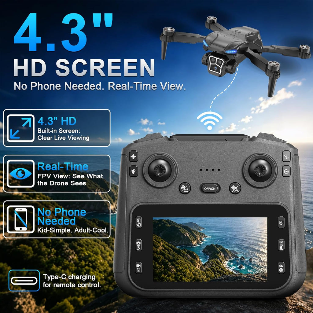Drone con cámara 2K - Controlador de pantalla HD de 4.3 pulgadas para principiantes, motor sin escobillas, giro de 360°, despegue/aterrizaje con una tecla, retorno de una tecla, 2 baterías, tiempo de