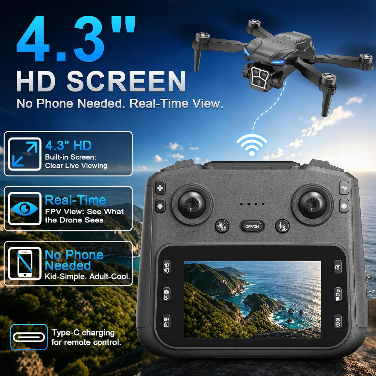 Drone con cámara 2K - Controlador de pantalla HD de 4.3 pulgadas para principiantes, motor sin escobillas, giro de 360°, despegue/aterrizaje con una tecla, retorno de una tecla, 2 baterías, tiempo de