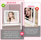 ROLOVE Espejo de tocador grande con luces, espejo de maquillaje iluminado de 22 x 17 pulgadas para escritorio, 3 luces LED regulables de color, control táctil inteligente y rotación de 360° (blanco)