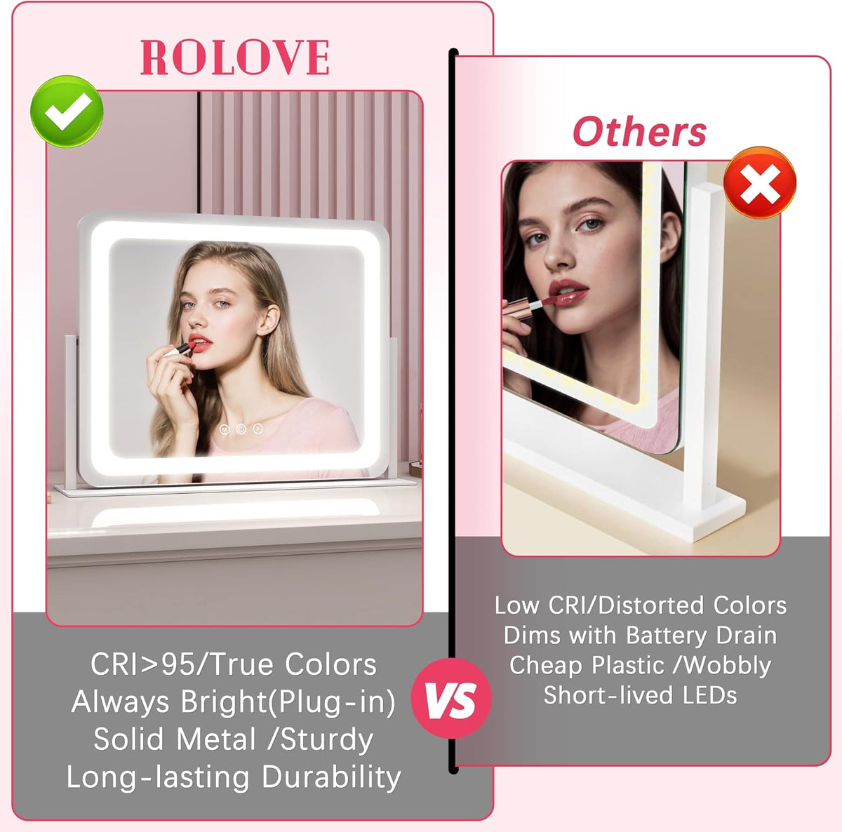 ROLOVE Espejo de tocador grande con luces, espejo de maquillaje iluminado de 22 x 17 pulgadas para escritorio, 3 luces LED regulables de color, control táctil inteligente y rotación de 360° (blanco)