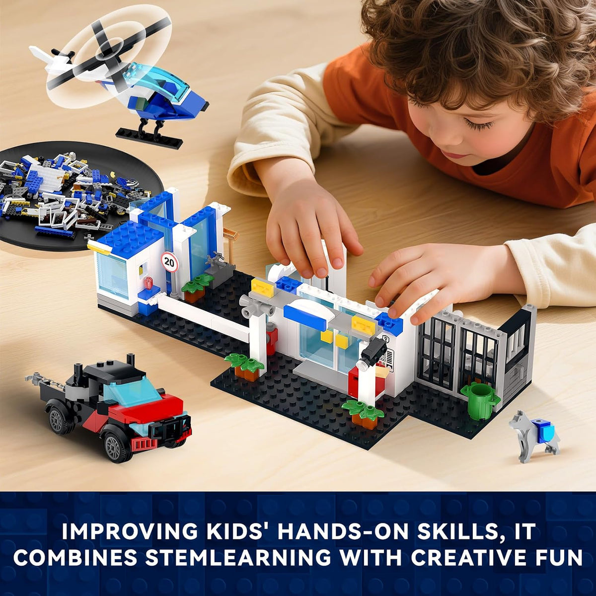 BUILDIFY Juego de bloques de construcción de la estación de policía de la ciudad con luz, 634 kits de estación de HQ con helicóptero, coche de policía y motocicleta. Ideal como regalo coleccionable de cumpleaños para más de 6 fanáticos, niños y niñas