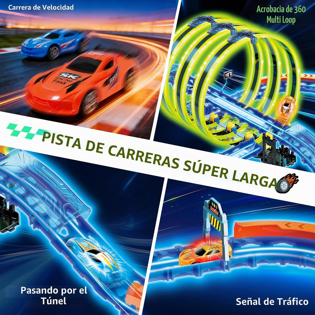 Juego de pistas de carreras de autos de juguete brillante, 71 pistas que