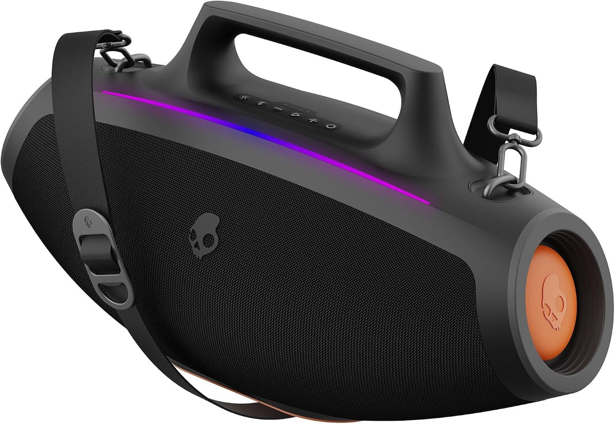 Skullcandy Barrel Bocina Bluetooth Boombox — Bocina portátil inalámbrica resistente al agua, con modo de luces LED, batería de 12 horas, Multi-Link y salidas de carga USB-C y USB-A (Negro)