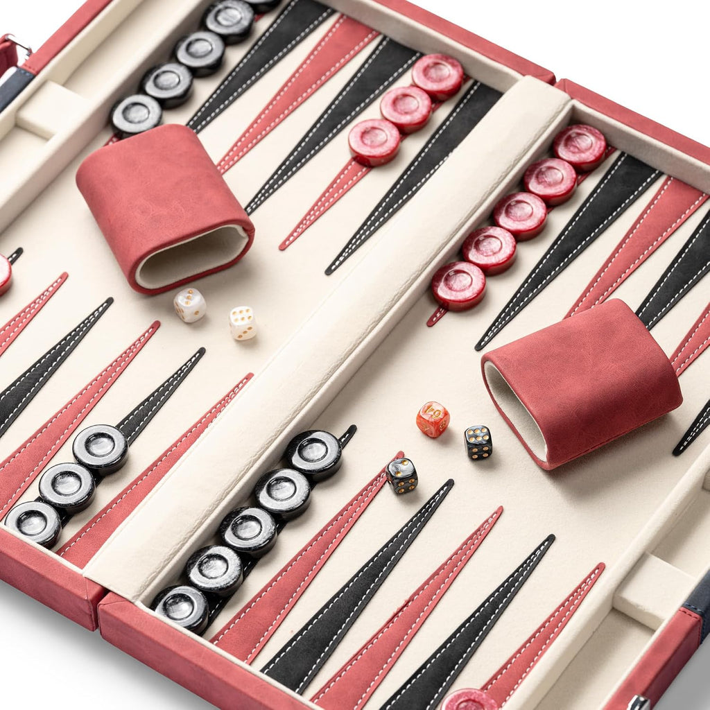 Juegos de backgammon de 15 pulgadas para adultos, tablero clásico de backgammon con dados de damas únicos, exterior de piel sintética e interior de terciopelo, juego de viaje de backgammon portátil (rojo)