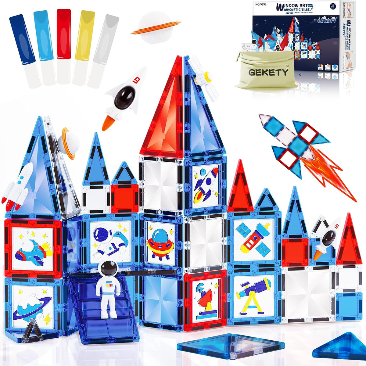 Azulejos magnéticos – Juego de 58 piezas de bloques de construcción con imanes espaciales – Juguetes sensoriales de viaje para niños pequeños – Tableros de juego de construcción STEM apilables – Arte