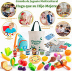 Juegos de comida de juego de simulación para cocina de niños, juego de tienda de comestibles con bolsas de compras, calculadora, juguetes de corte para niños pequeños, dinero de juego, bolsa de cabestrillo, accesorios de cocina de plástico para niños mayo