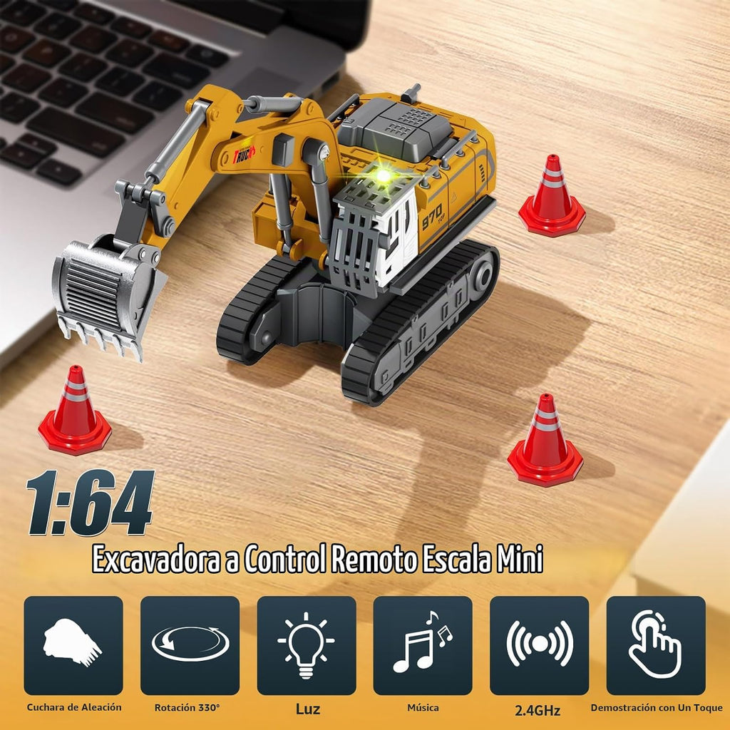 Excavadora RC 1:64, mini juguete de escritorio con control remoto para