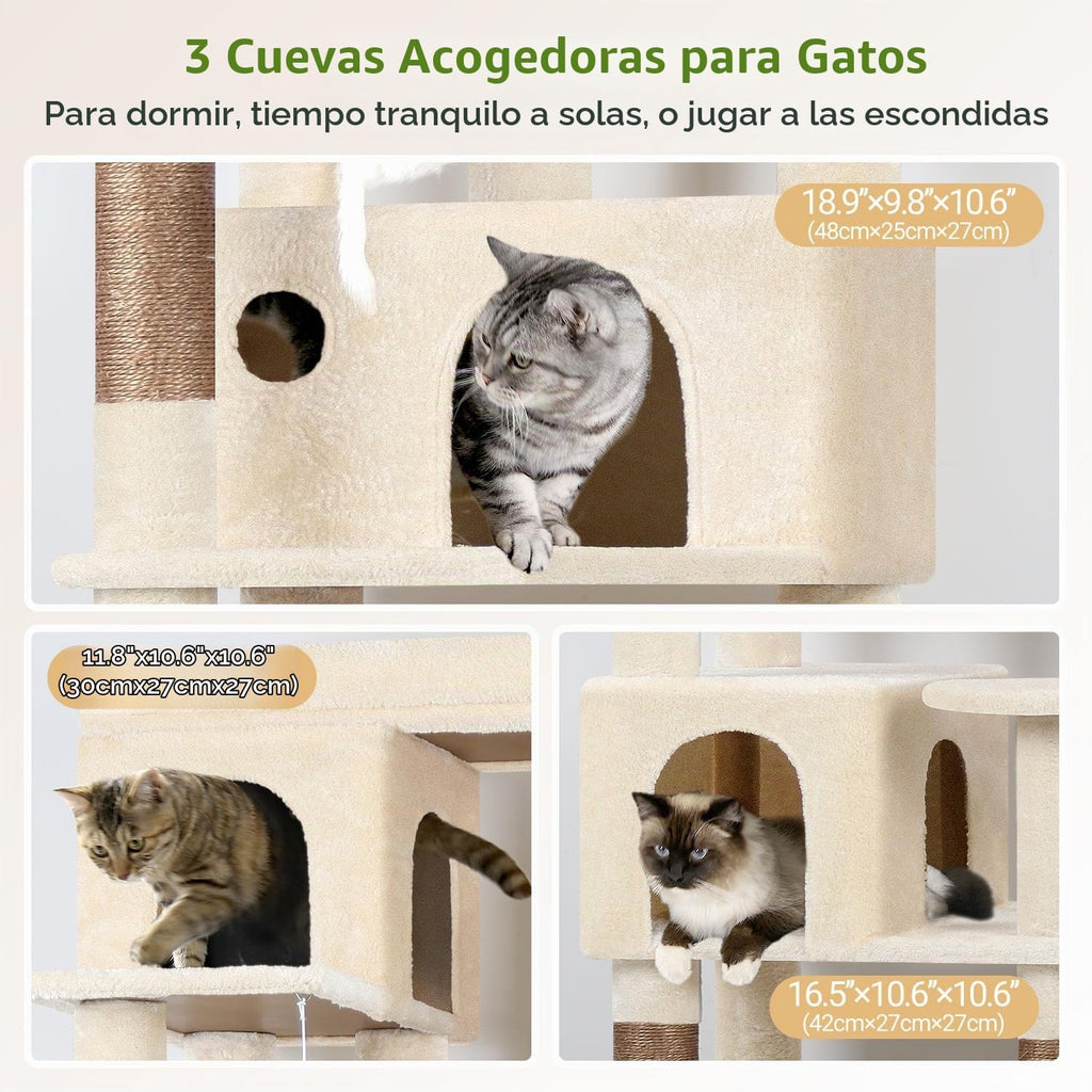 Globlazer Árbol de Gato de Rincón de 66 Pulgadas, Torre de Escalada de Varios Niveles para Gatos de Interior, Condominios para Gatitos, Torre de Rascado para Gatos con Plataforma Grande, 3 Cuevas para