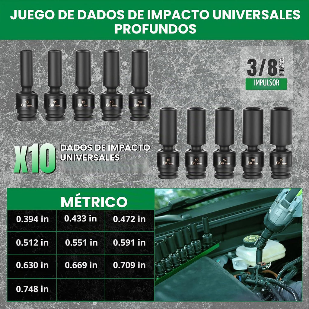 SK Juego de llaves de impacto universales de 3/8", enchufes de impacto giratorios profundos