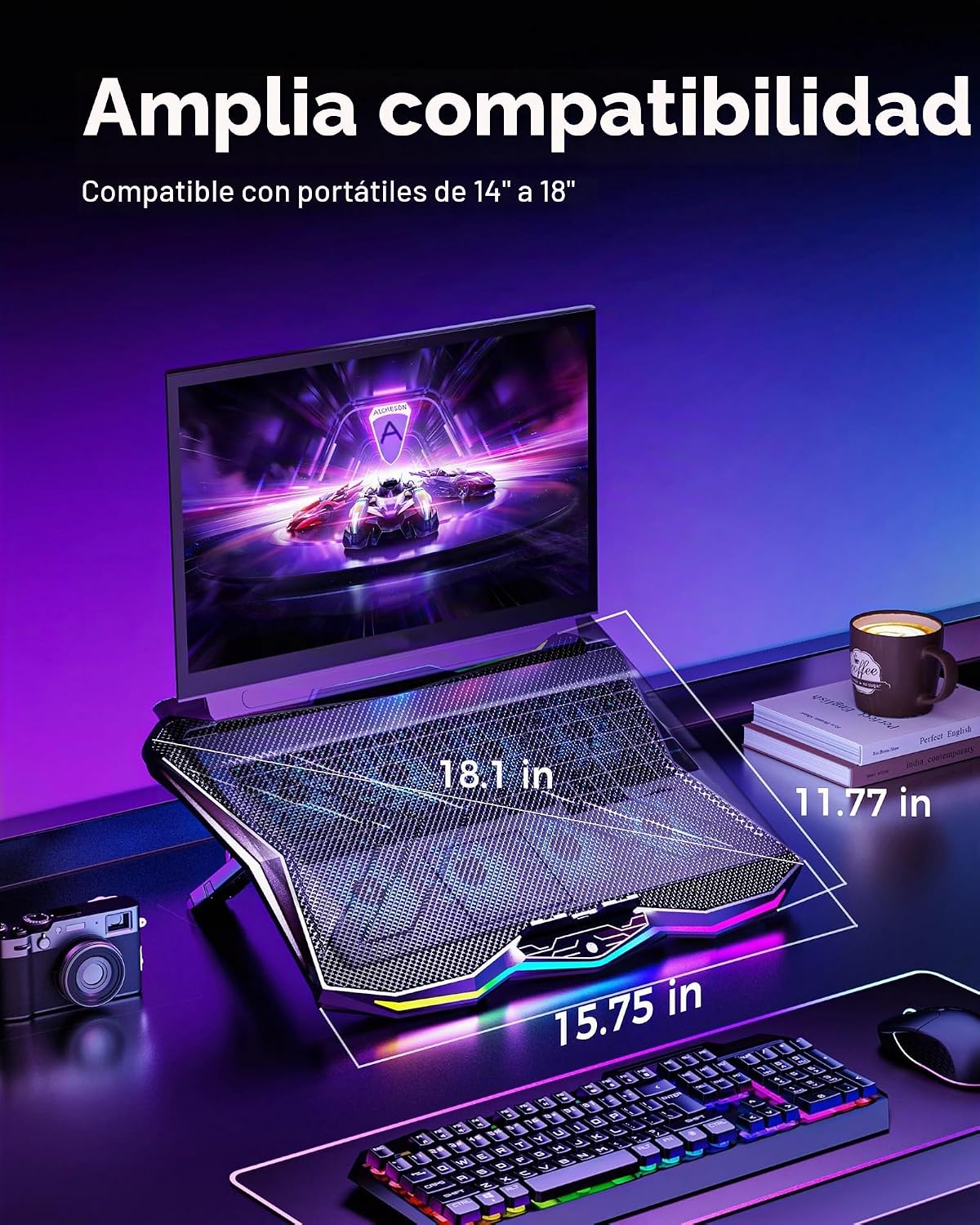 AICHESON Almohadilla de refrigeración para laptop para juegos con 8 ventiladores, soporte de computadora RGB para portátil de 15.6 a 17.3 pulgadas con 7 ranuras de altura, 2 puertos USB, AA3