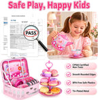 Juego de fiesta de té para niños de 3 a 5 años, PRE-WORLD juego de té musical para niñas pequeñas con postres, galletas, donas, pastel, soporte para pastel, mantel y estuche de transporte, juguetes de