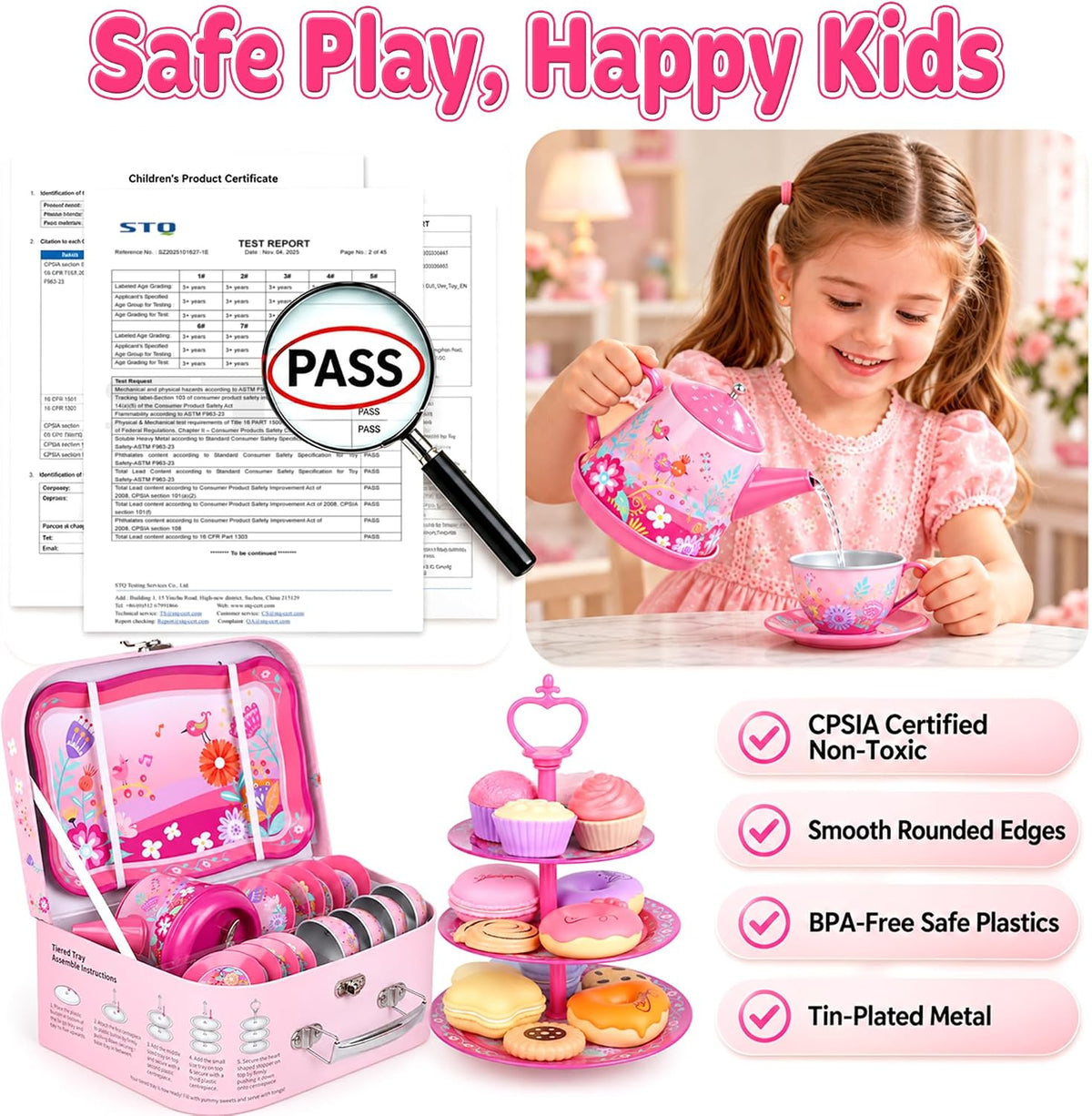 Juego de fiesta de té para niños de 3 a 5 años, PRE-WORLD juego de té musical para niñas pequeñas con postres, galletas, donas, pastel, soporte para pastel, mantel y estuche de transporte, juguetes de