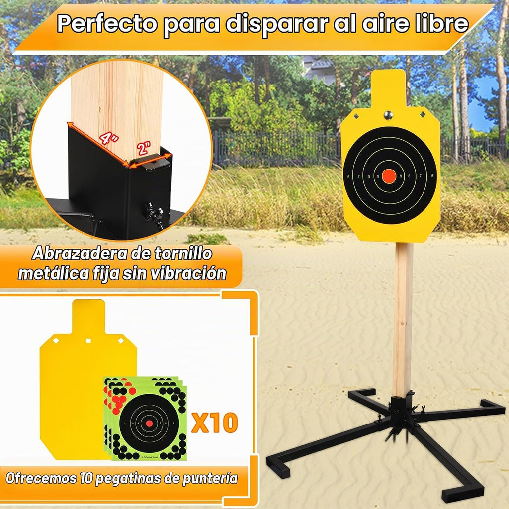 Sistema de soporte de acero AR500, objetivos de rehén de acero de 3/8 pulgadas de grosor con base de soporte estable de 2 x 4, kit completo de disparo con papel de objetivos de 10 piezas para