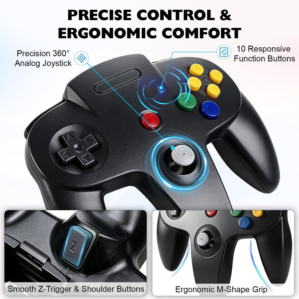 miadore Paquete de 4 Classic 64 Controller, Controladores con Cable para N64 con Joystick Mejorado (Versión USB no para PC) (Negro/Verde Transparente/Azul Transparente/Naranja Transparente)