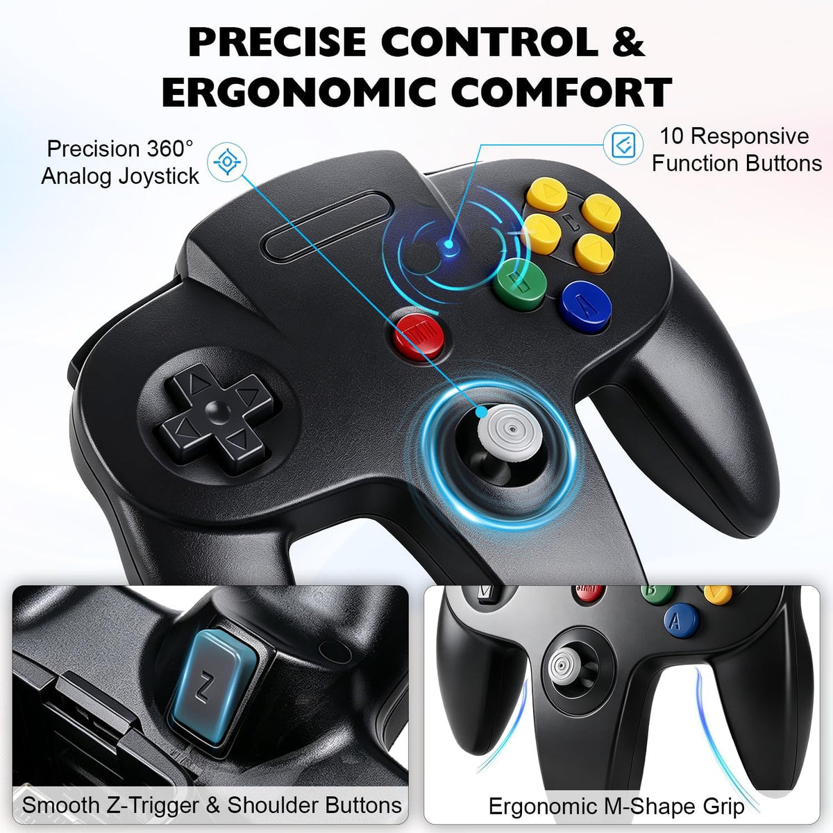 miadore Paquete de 4 Classic 64 Controller, Controladores con Cable para N64 con Joystick Mejorado (Versión USB no para PC) (Negro/Verde Transparente/Azul Transparente/Naranja Transparente)