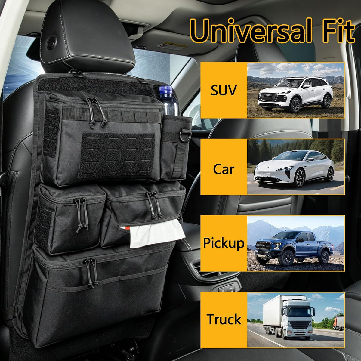 Organizador de asiento trasero táctico todo en uno para autos, SUVs, camiones y Jeeps