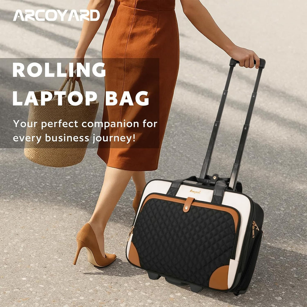 Arcoyard - Bolsa con ruedas para laptop, maletín con ruedas para mujer, con bolsillo impermeable, bolsa para computadora de 17 pulgadas, equipaje de mano debajo del asiento con ruedas para trabajo