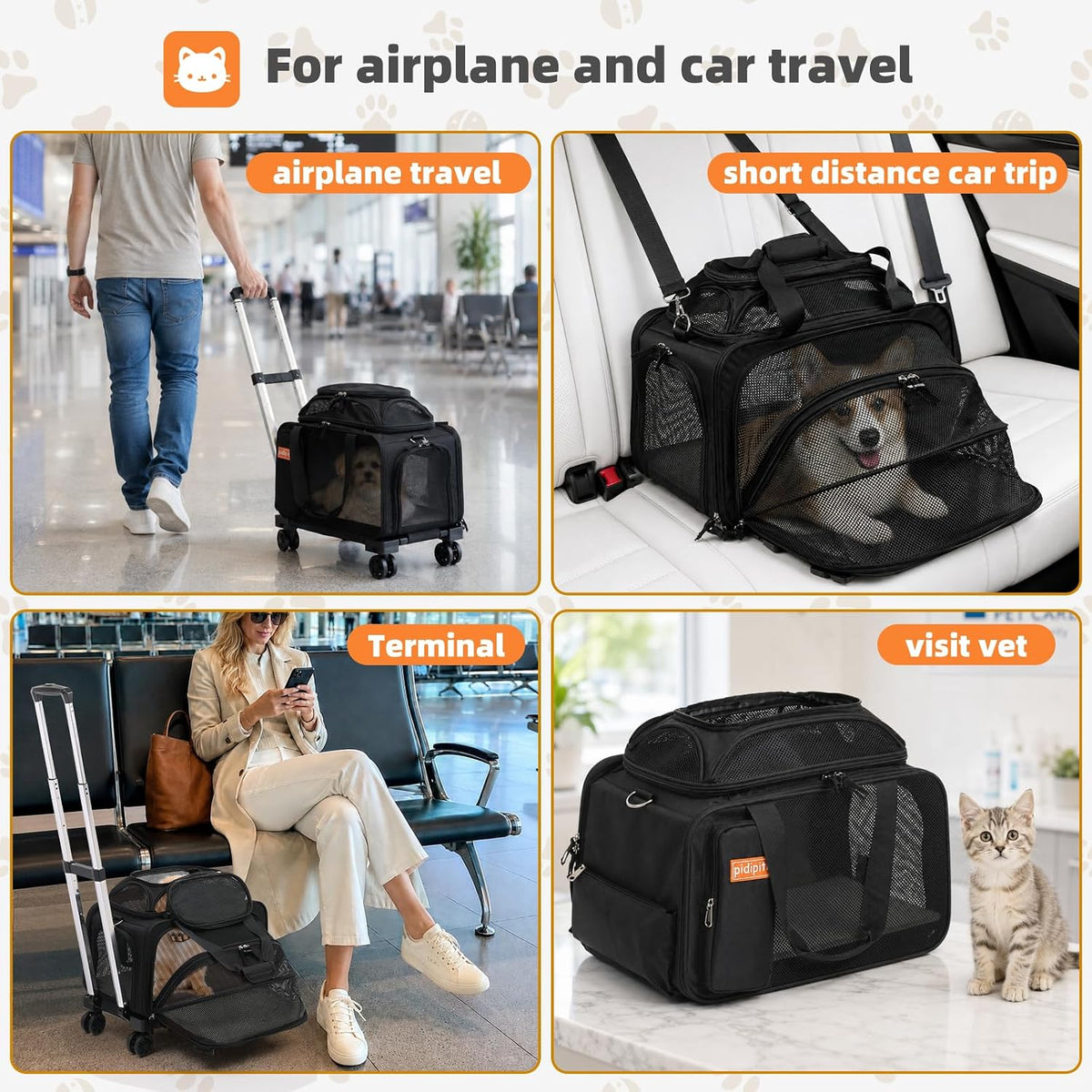 Transportador de mascotas expandible con ruedas aprobado por la