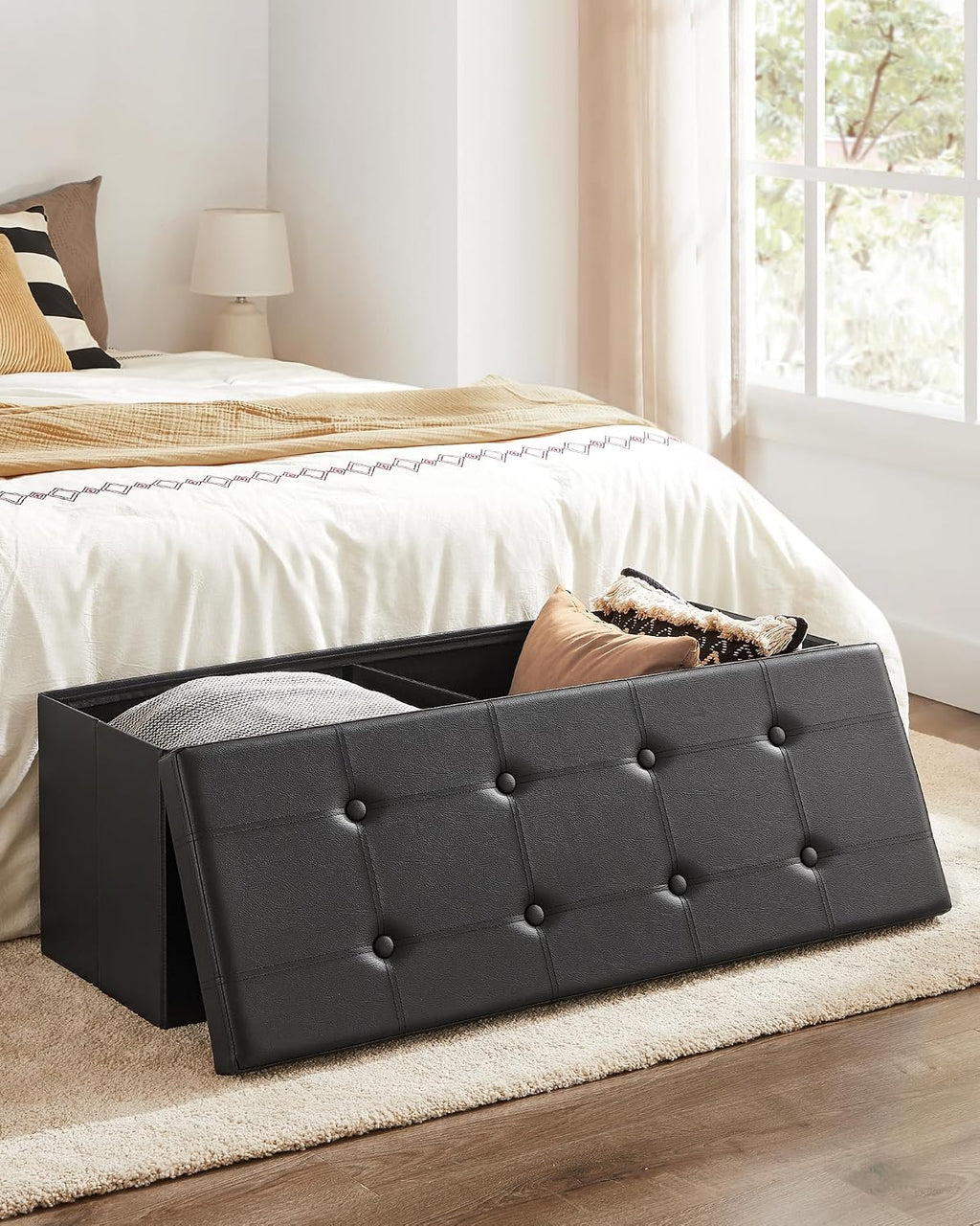 Banco de asiento plegable otomano Songmics, taburete reposa pies de piel sintética, Madera, Negro