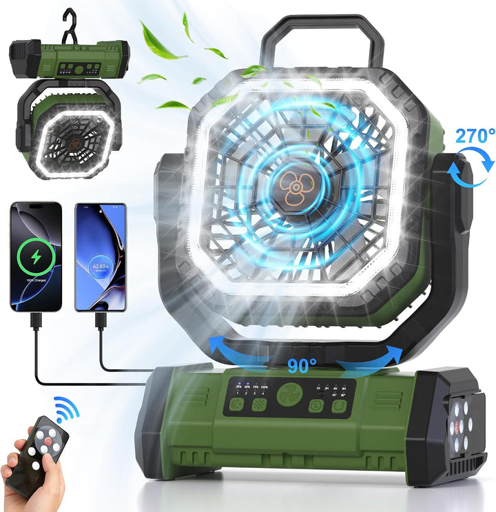 Honesorn - Ventilador alimentado por batería de 20000 mAh con luz L...