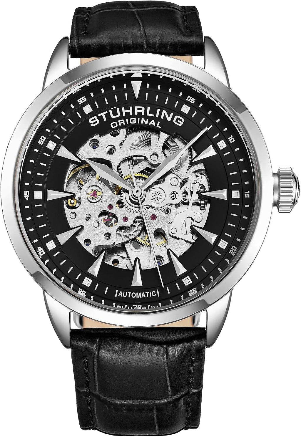 Stuhrling Original Reloj de vestir automático para hombre con correa de cuero en relieve de cocodrilo con esfera de esqueleto