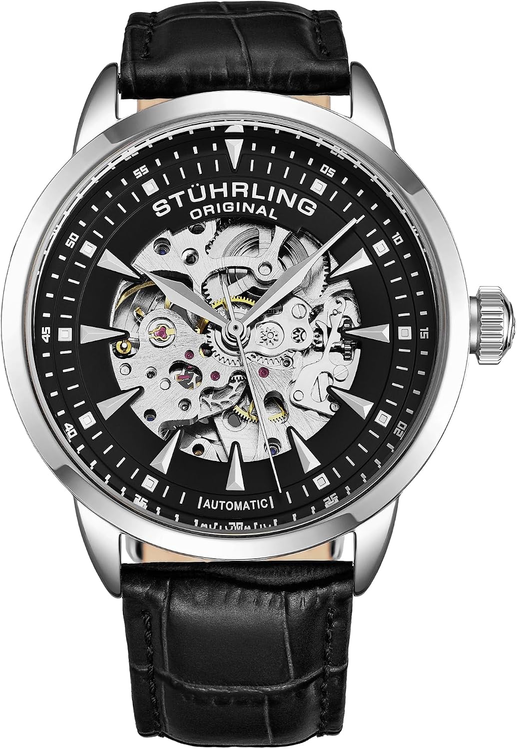 Stuhrling Original Reloj de vestir automático para hombre con correa de cuero en relieve de cocodrilo con esfera de esqueleto