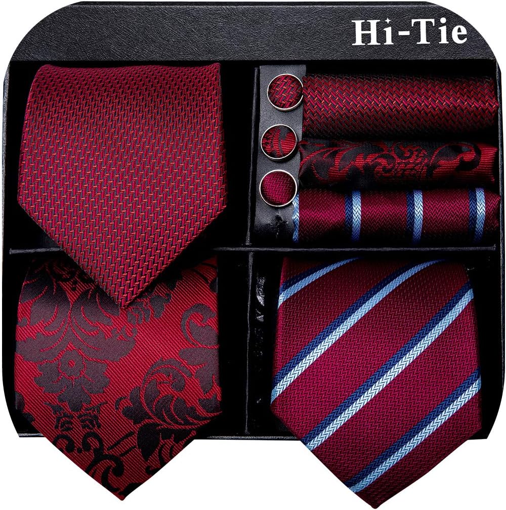 Hi-Tie - Juego de 3 piezas para hombre, incluye corbata, pañuelo de bolsillo, gemelos y pin de solapa, colección de corbata de seda