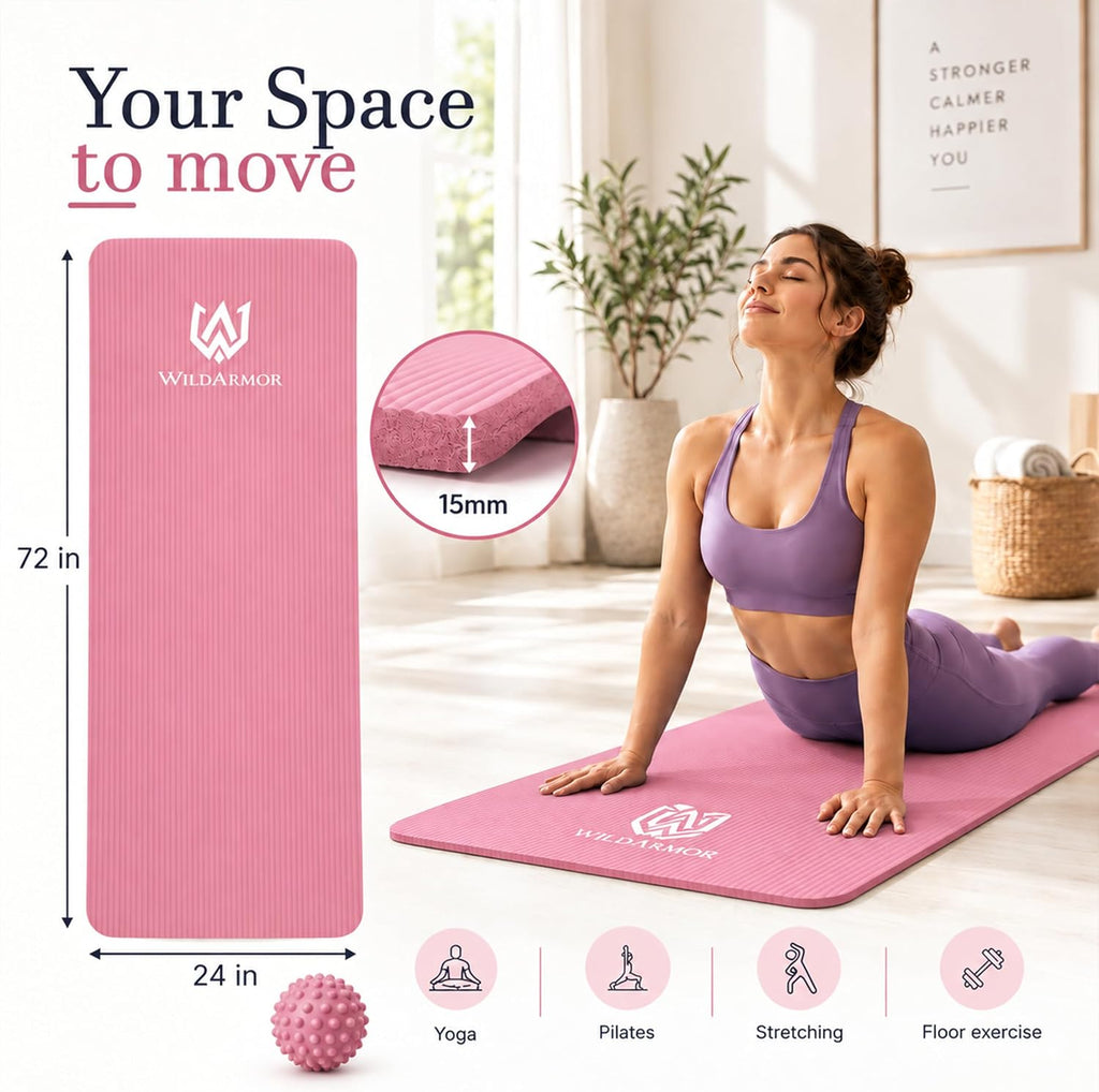 Tapete de yoga extra grueso, antideslizante de 0.591 in NBR, 72 x 24 pulgadas, viene con bola de masaje TPE y cronómetro digital, alfombrilla de entrenamiento para ejercicio en casa, fitness, pilates