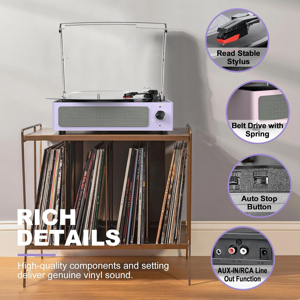 Reproductor de discos de vinilo todo en uno con altavoces, tocadiscos con transmisión por correa de 3 velocidades, 3 tamaños, 33 1/3 45 78 RPM, BT inalámbrico, entrada para auriculares AUX, RCA