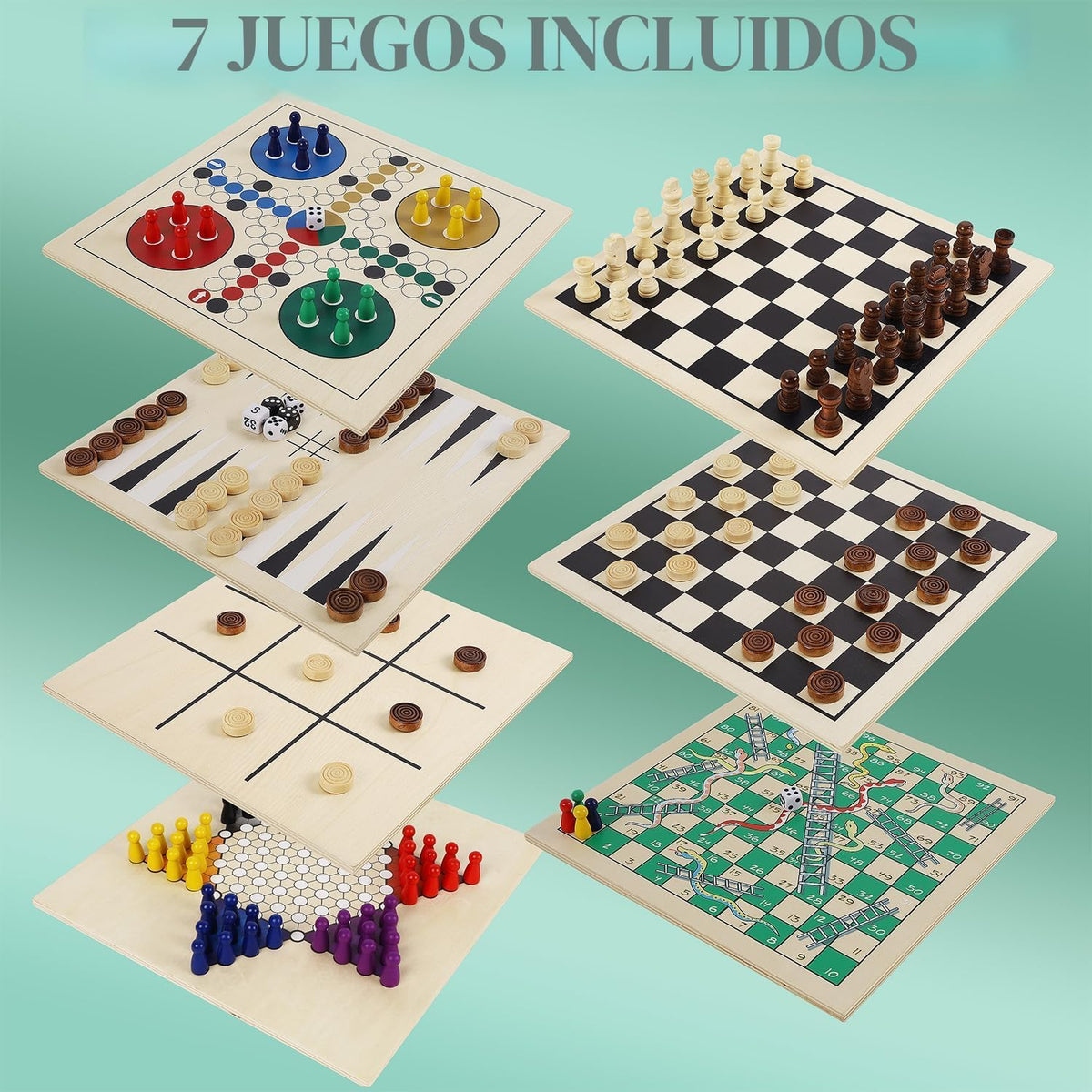 Juegoal Juego de mesa de madera 7 en 1 para niños y adultos, juego de mesa clásico de viaje portátil (ajedrez, damas, damas chinas, backgammon, parchís, serpientes y escaleras, dedo del pie de tac)